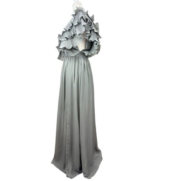 NEW TRUE DECADENSE Womens Sz 10 Gray Cap Ruffle Sleeve V-Neck Evening Maxi Gown - Picture 13 of 16